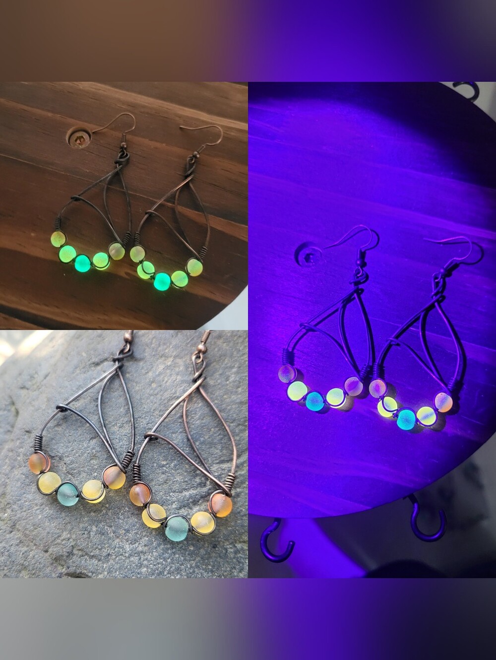 Handmade Copper Wire Wrap UV Reactive Glass Bead Earrings